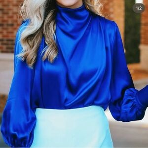 Amanda Uprichard Cowl Neck Cobalt Blouse